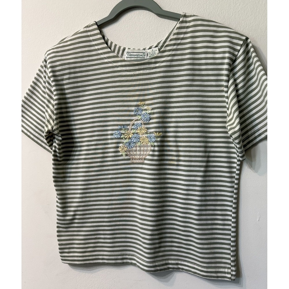 Vtg Shenanigans Womens Small Embroidered Floral Striped Shirt Cottagecore Green